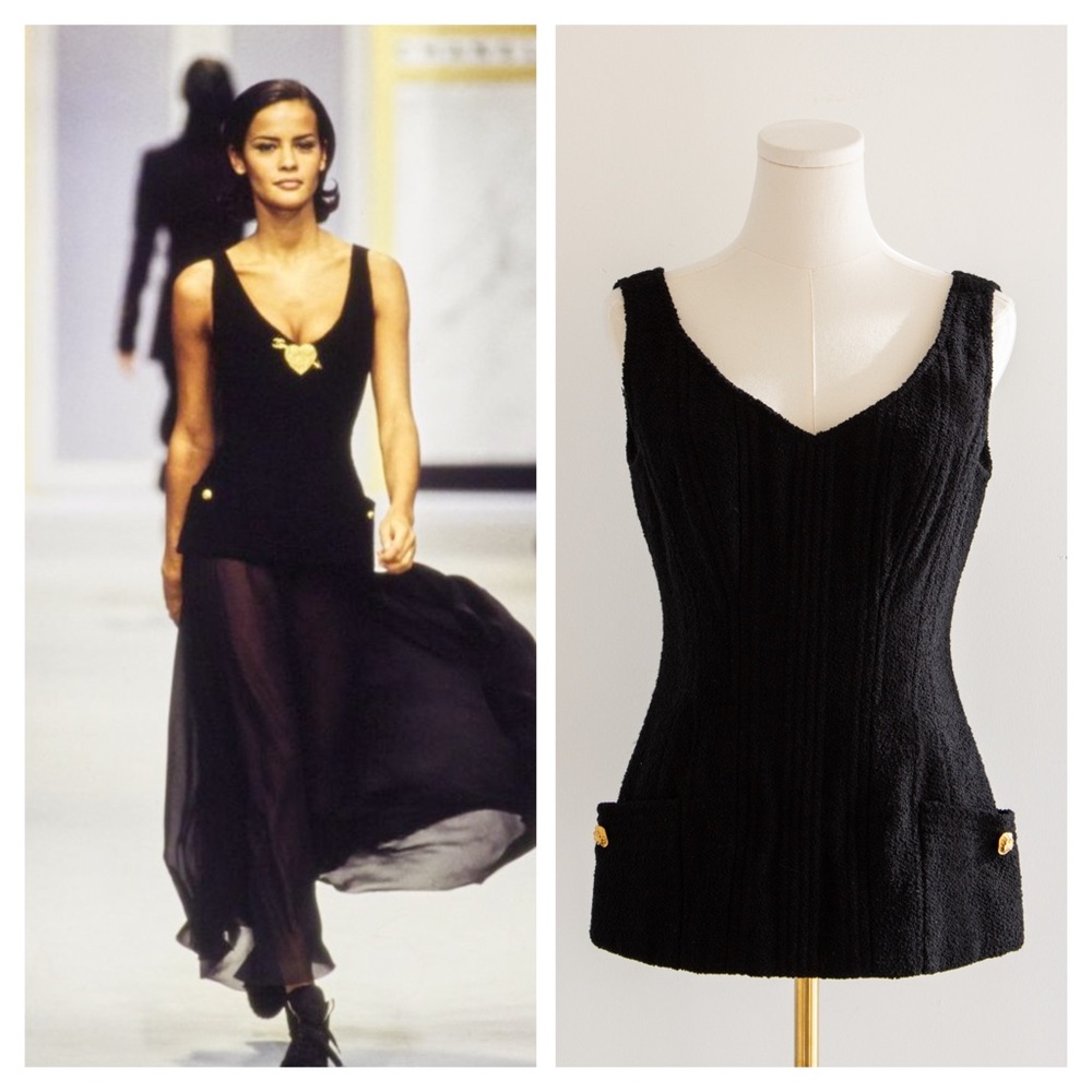 Chanel Vintage Spring/Summer 1993 Black Tweed Gold Clover 93P Corset Top